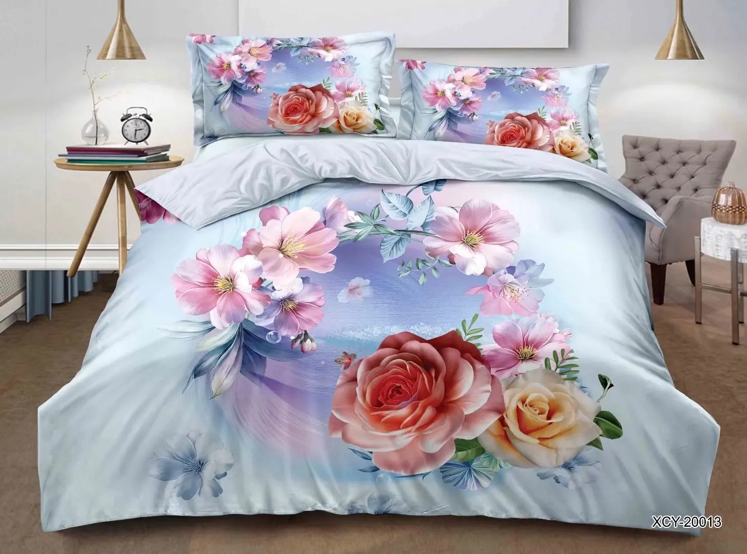 Custom Printed 3D Flower Red Rose Bed cover set 100 polyester printed 4 piece, 6 pieces bedding set