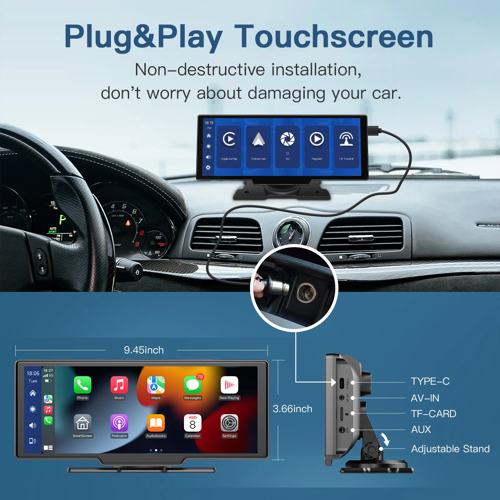 Carabc 2022 беспроводной Carplay и Android Auto портативный 10 дюймовый сенсорный экран автомобильный аудиоприемник GPS