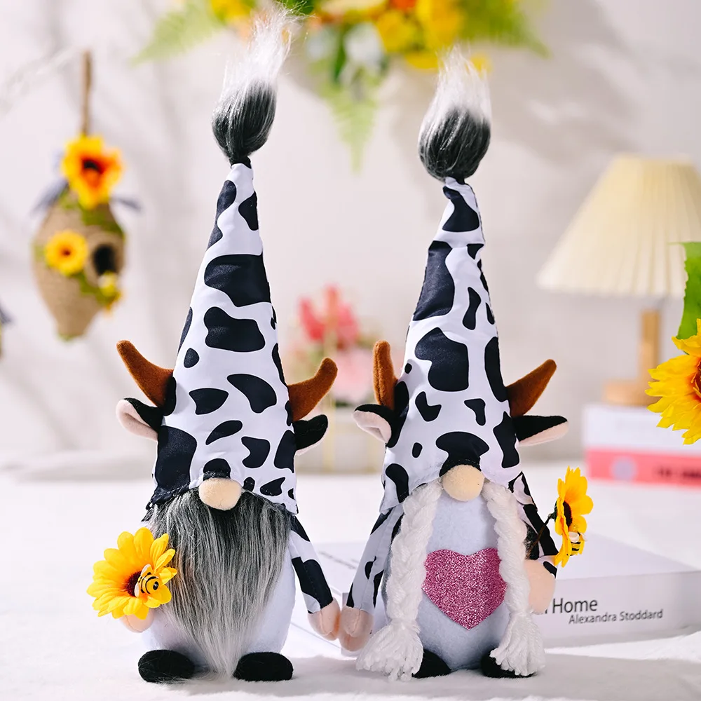 Farmhouse Cow Swedish Gnomes With Milk Bottle Nodic Plush Dairy Cattle Handmade Dolls Black and White Pattern Farm Home Decor