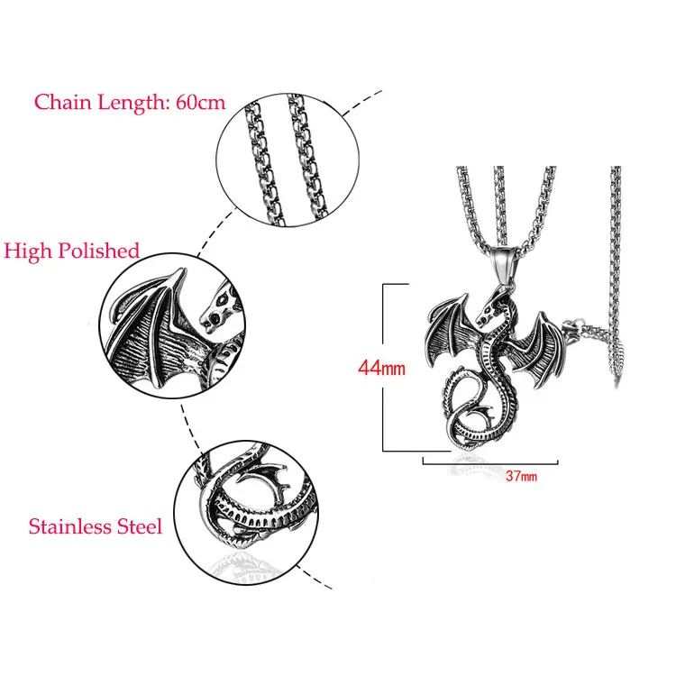 SC Fashion A Song of Ice and Fire Mens Necklace Hip Hop Jewelry Vintage Stainless Steel Zodiac Flame Dragon Pendant Necklace
