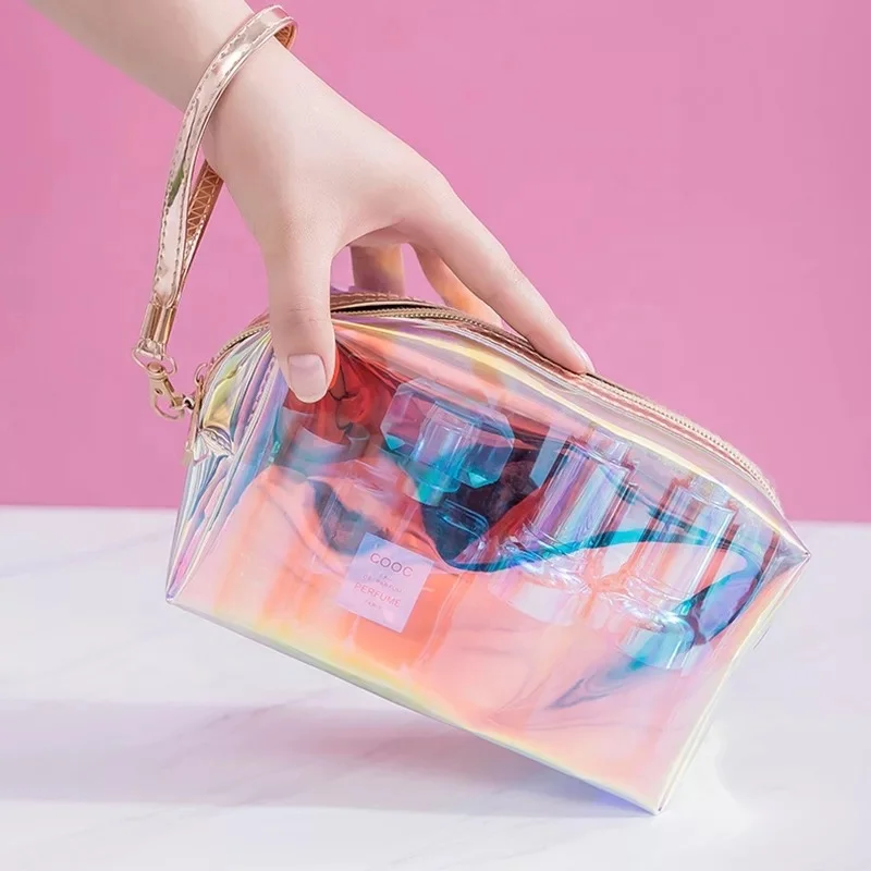 Transparent hologram PVC cosmetic bag makeup brush holder bag for ladies