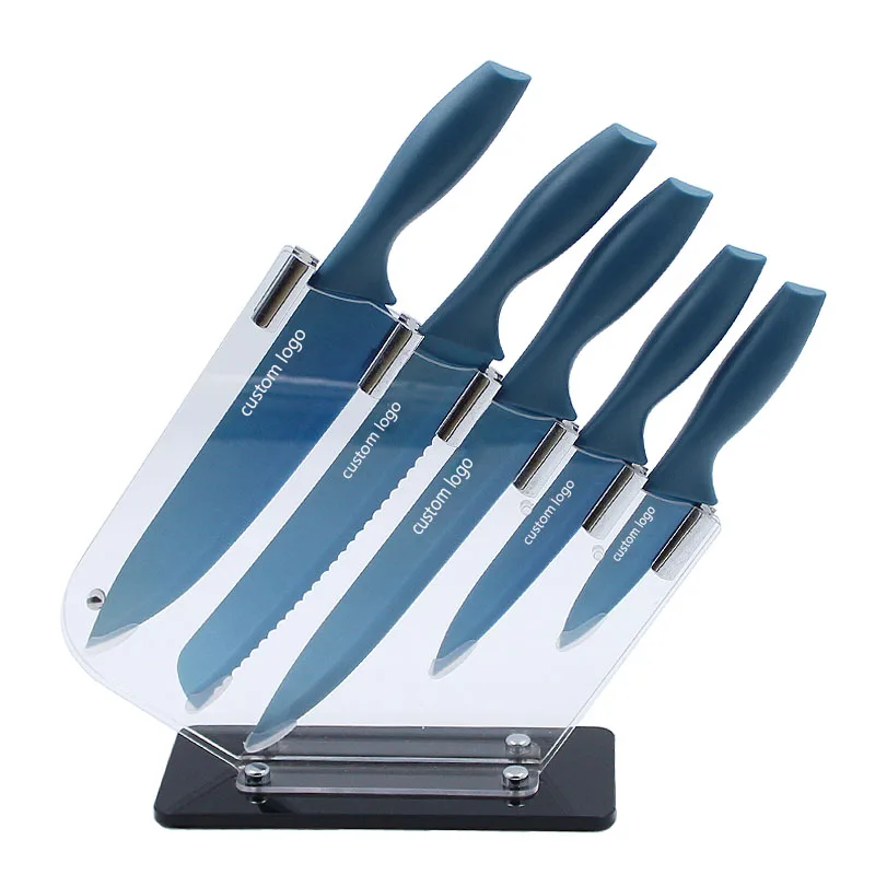 Professional Plating Titanium stainless steel 5 pieces Chef Knife Sets Kitchen Knives Set with Transparent block