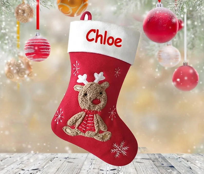 Custom Velvet Embroidery Red Christmas Stockings Hot Santa Felt Xmas Personalize Holiday Stocking