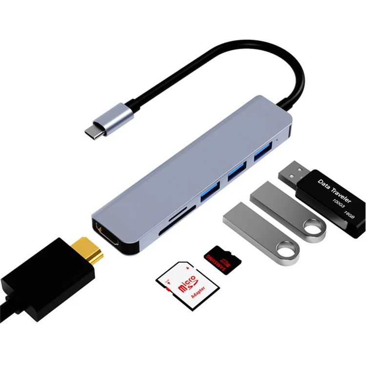 6 Port 6 in 1 HDTV PD Charge Type c 3.0 Usb hub in Aluminum Compatible with Mac OS, Windows 7/8/10
