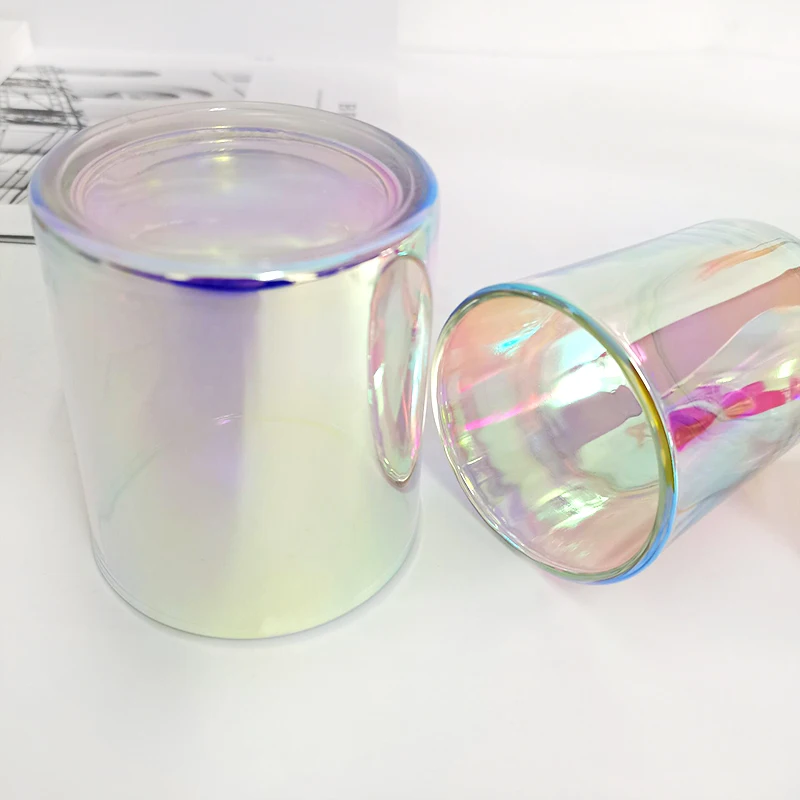 2022 OEM ODM Kerzenglas 12 oz White Gold Embossed Iridescent Crystal Wooden Candle Vessel With Lid