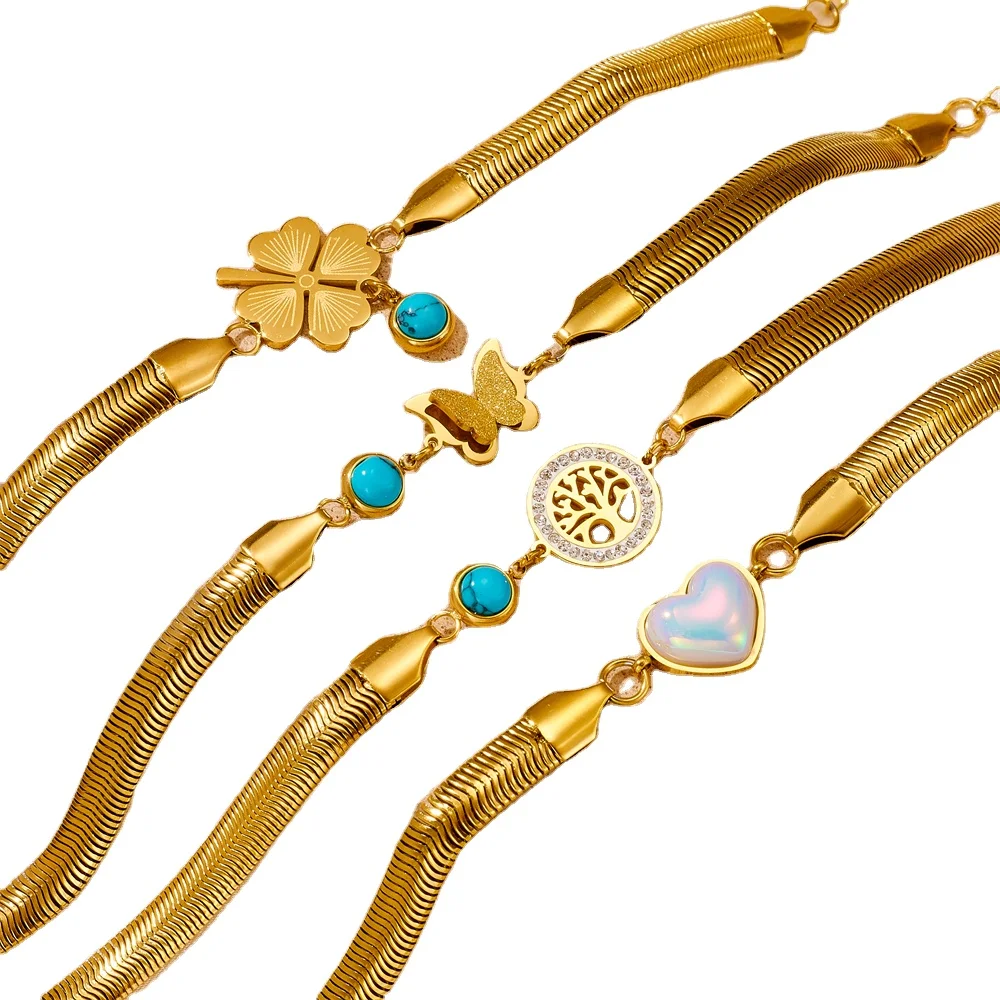 Wholesale 18K Gold Plated Stainless Steel Waterproof Butterfly life Tree heart  Snake Chain Women Jewelry Bracelets Bangles