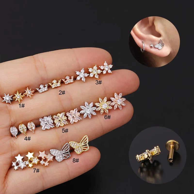 14K Gold  Bioplast Push in Labret Body Piercing Monroe Lip Piercing Clear CZ Tragus Helix Stud Earring Ear Stud