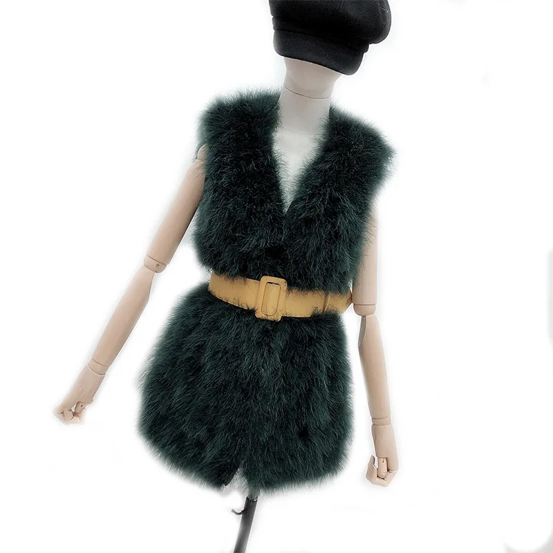Натуральный меховой жилет ручной работы из индейки, Женский Пушистый Жилет с перьями и поясом, длинный стильный жилет