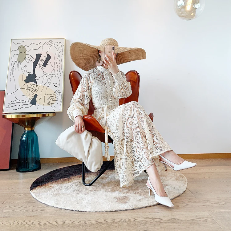 
Paisley Flower Hollow Out Embroidery Lace Female Stand Collar Bag Buckle Lantern Sleeve Long Skirt Dress 