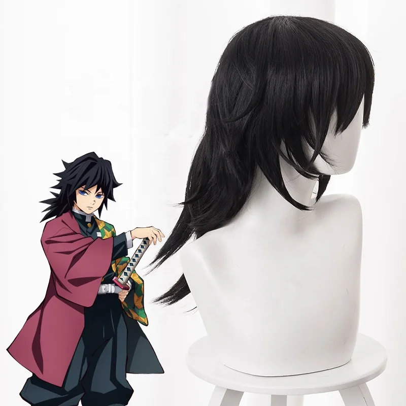 Wholesale 55cm Long Black Demon Slayer Tomioka Giyuu Wig Cosplay Synthetic Anime Hair Wigs With One Ponytail
