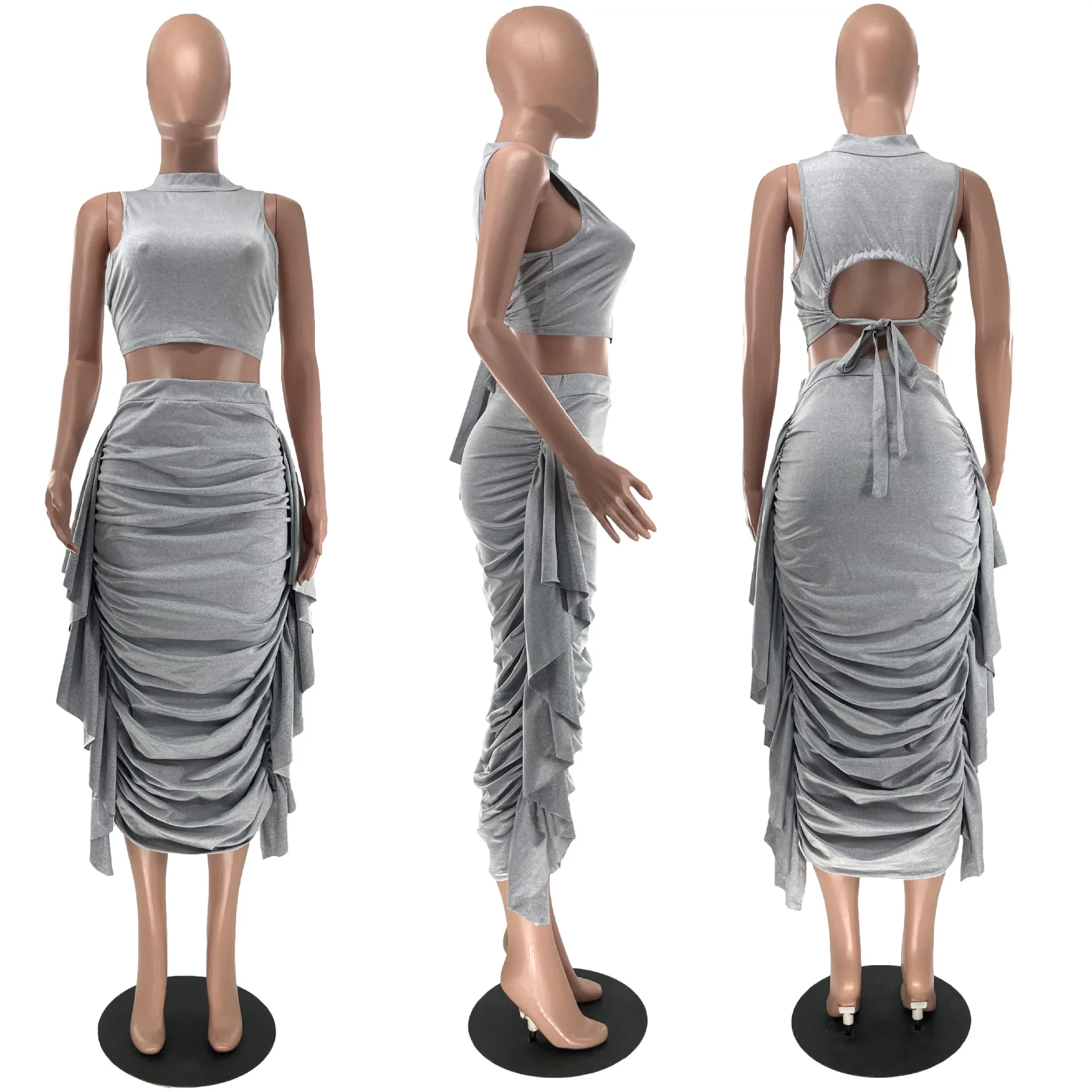 2023 Fashion sleeveless t-shirt falbala 2 piece skirt sets summer fringe 2 piece skirt set women long skirt and crop top sets