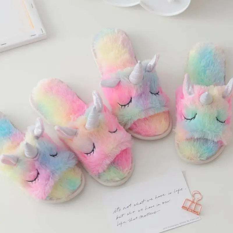 New Fluffy Rainbow Unicorn Slippers Warm Anti-Slip Slippers Unicorn Gifts for Girls