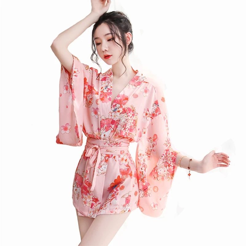 
2021 new pajamas ladies silk ice silk sexy kimono Japanese nightdress spring and autumn home service summer 