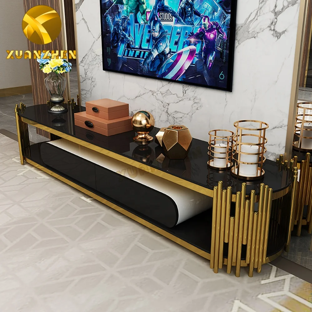 Home furniture living room sets stainless steel tv unit cabinets luxury modern glass tv stands with drawer
