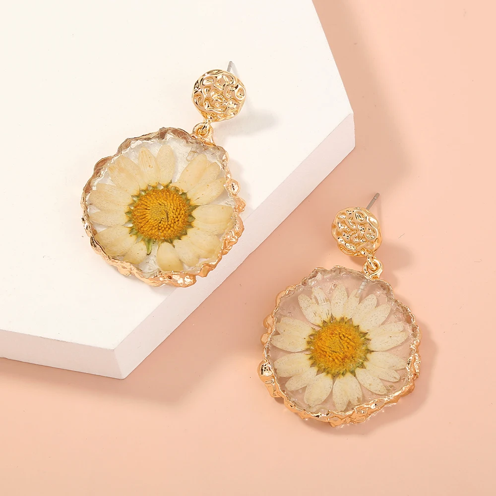 Bohemian Resin Flower Stud Earring Fashion Acrylic Daisy Sunflower Gold Hoop Earrings Women Girls 925 Silver Jewelry
