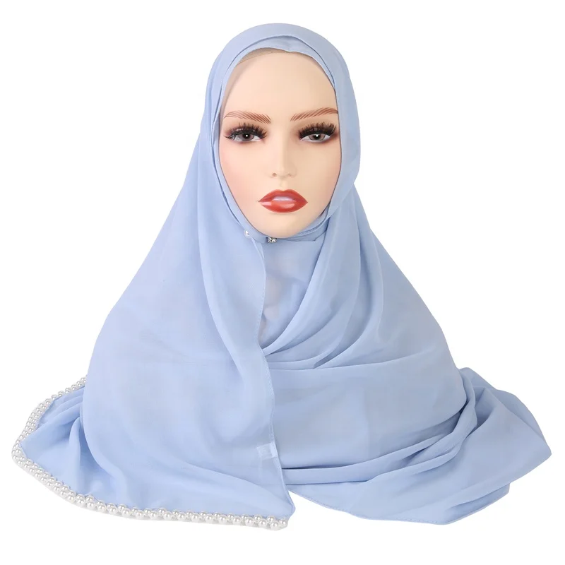 
luxury scarf Beaded chiffon muslim hijab pearl plain chiffon hijab african scarfs for women stock muslim 2021 