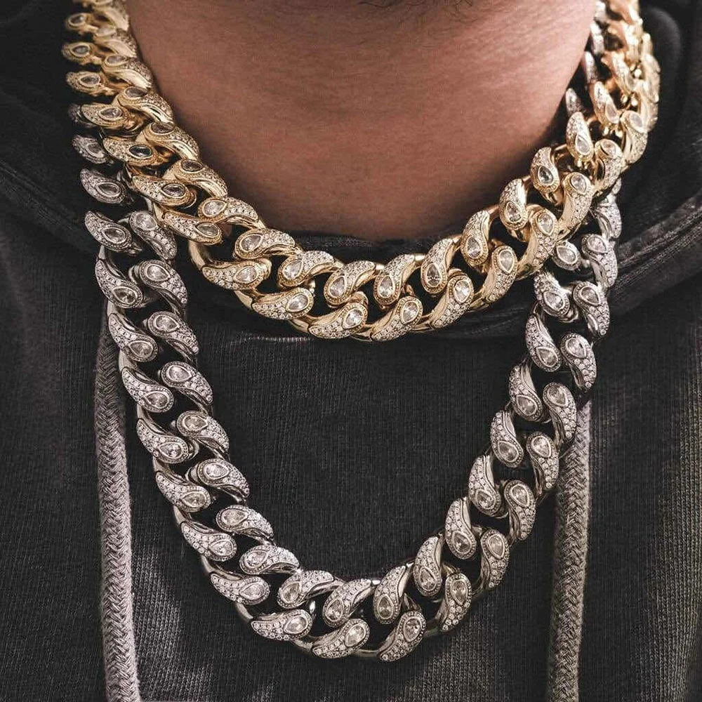 16mm Cuban Chain Link Necklace Pear Shape Iced Zircon Gold Plated Copper Hip Hop Jewelry for Men Women Multi Size Color