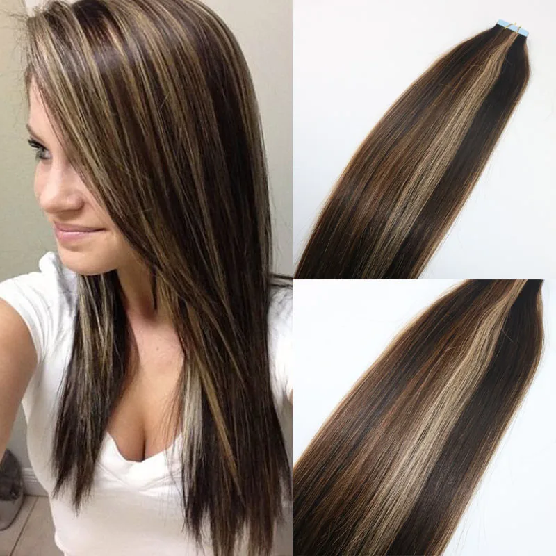 Ready To Ship Highlight #2/5/27 Blended Hair Double Sided 100 Human Remy European Hair Tape in Hair Extensions