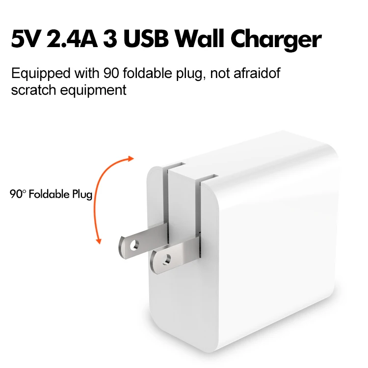 Multi ports 3 USB wall charger adapter triple ports 5V 2.4A usb wall adapter with foldable plug design