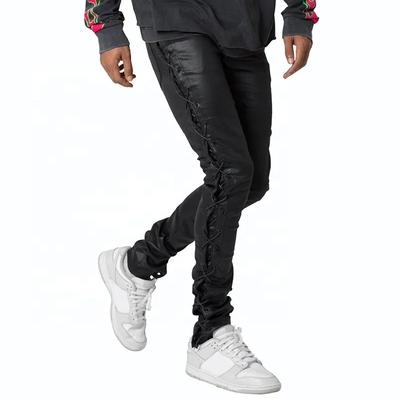 EDGE DENIM High quality custom vintage lace up wax distressed plain acid wash stretch skinny jeans men