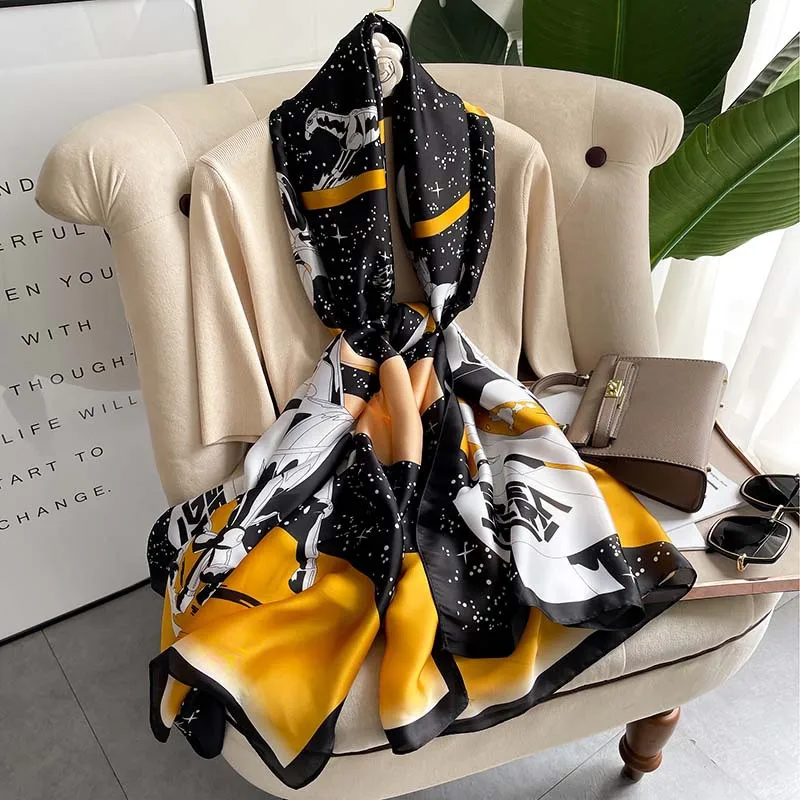 2022 Luxury Designer High Quality Large Silk Satin Shawl Beach Scarfs Hijab Long Horse Carriage Silk Scarf