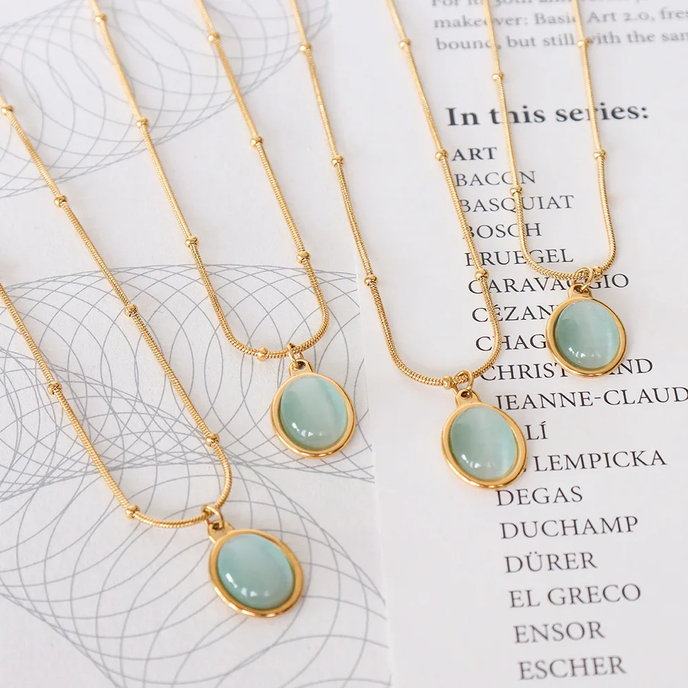 Oval Sky Blue Cymophane Opal 316L Stainless Steel Necklace Clear Stone 18K Gold Plated Necklaces Women French Vintage Jewelry