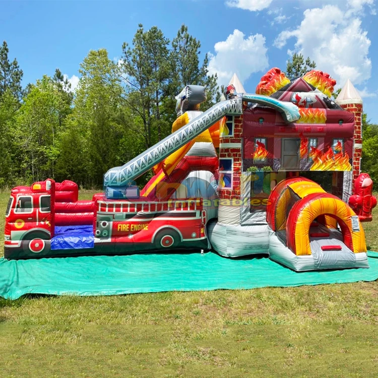 Outdoor commercial grade kids fire truck dual lane combo bouncer inflatable bounce house water slide