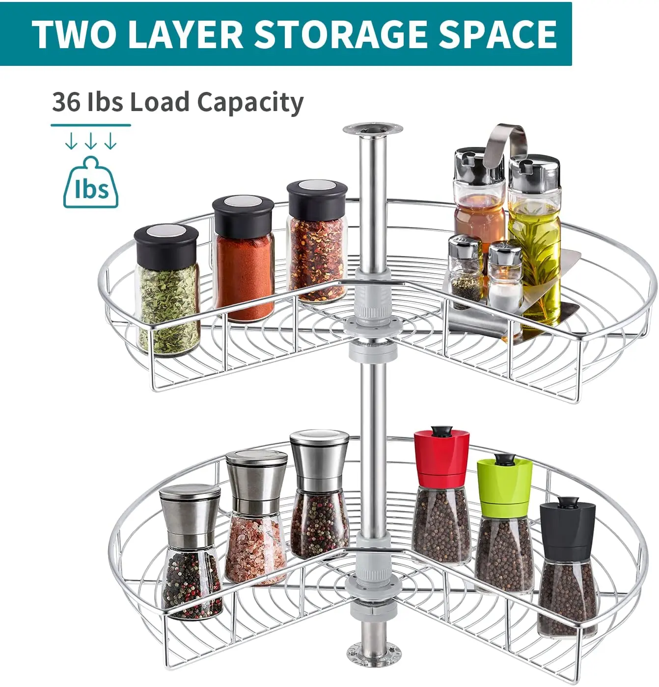 28 Kidney Chrome Lazy Susans Kitchen Corner Cabinet Organizer 270 2 Shelf Rotating Storage Rack (24 Inch)
