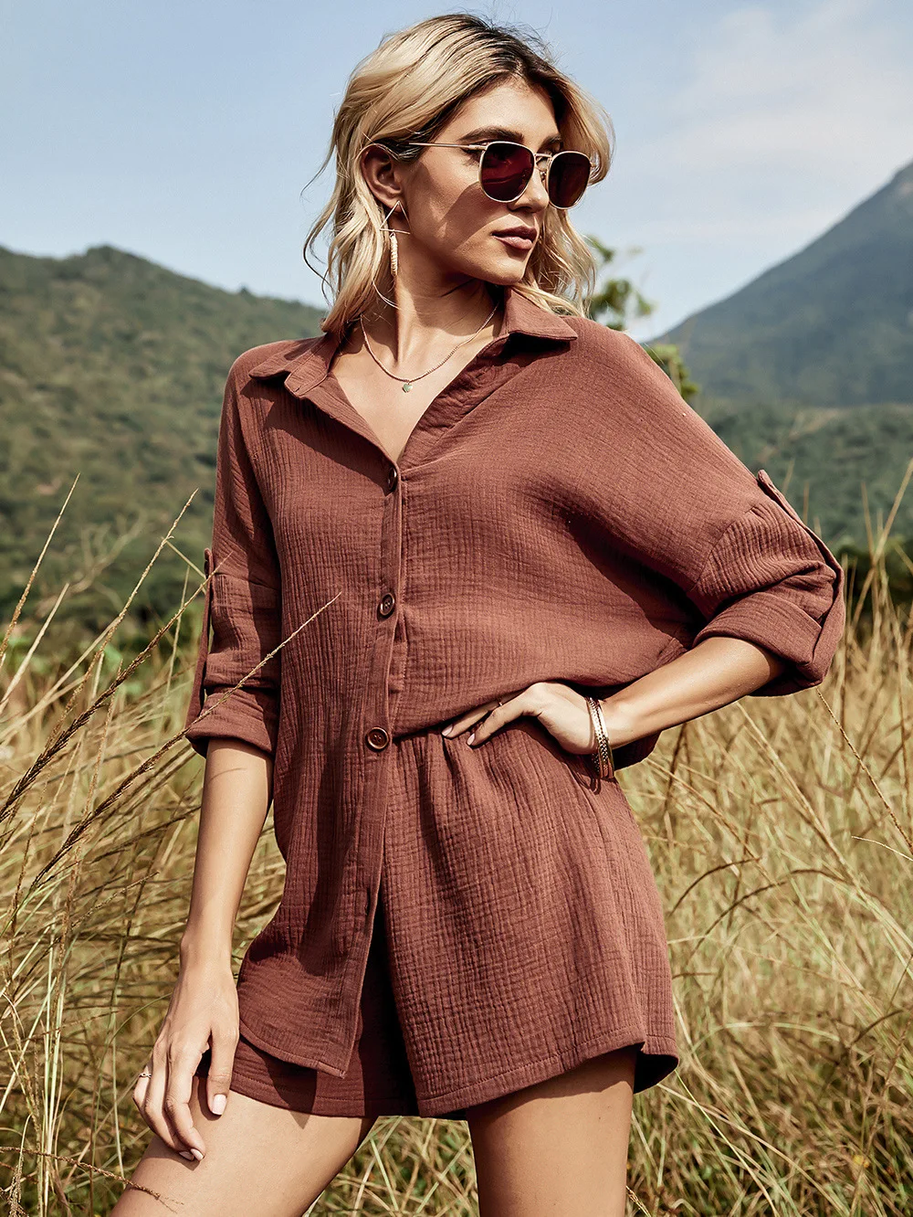 2022 new design bubble gauze women casual vacation trendy long sleeve white linen cotton 2 piece blouse short sets