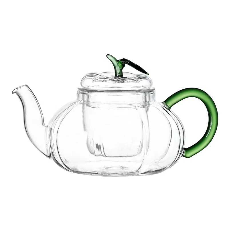 Hot selling 400ml 600ml 800ml 1000ml heat resistant glass teapot with strainer pumpkin shape glass tea pot with infuser