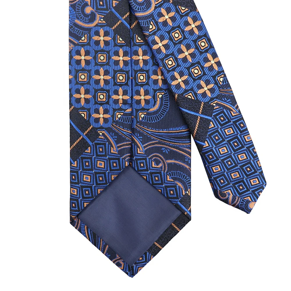 Custom Brand Logo Vintage Floral Woven Necktie Men Four Kind Flower Pattern Splicing Jacquard Polyester Tie Navy