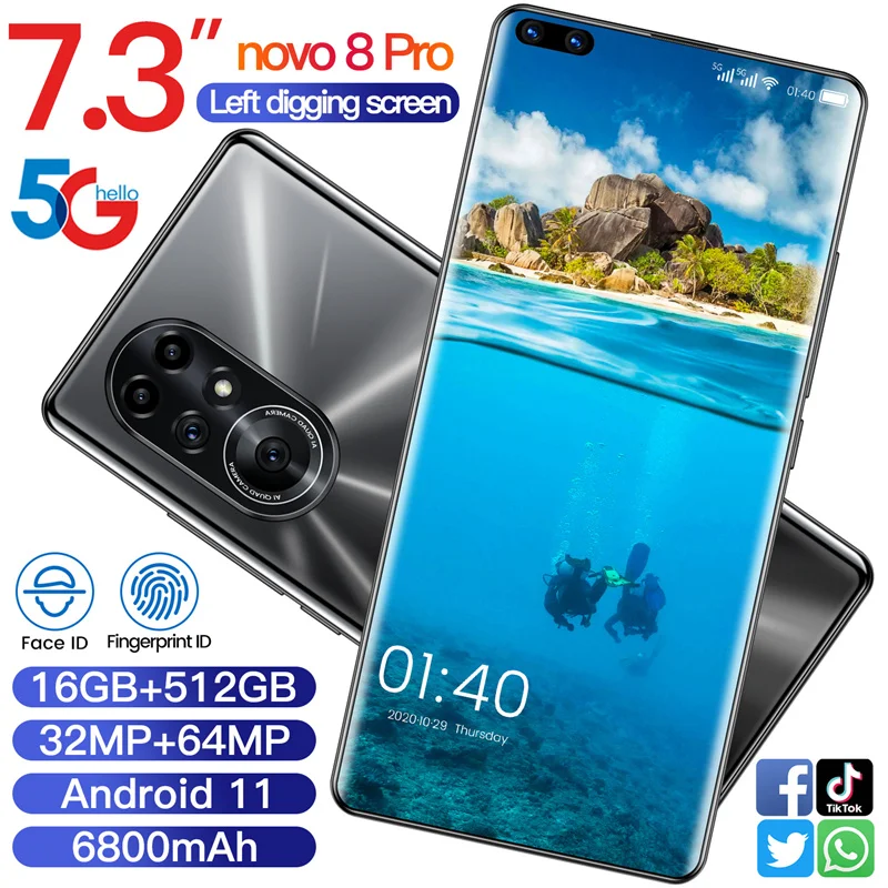 2022 Novo8 Pro Cellphone 7.3 Inch Big Screen RAM 16GB ROM 512GB 6800Mah Big Battery 5G Android Original Smart Mobile Phone