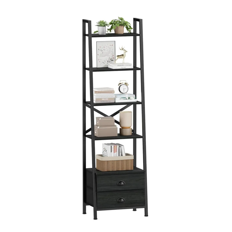 Bedroom Furniture Living Room Wood Metal Ladder Shelf Narrow Bookshelf Storage Shelves Industrial Bookcase 2 Drawers Shelf