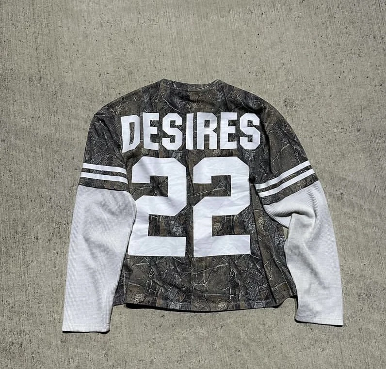 Custom Camo Jersey Oversized Fit T-Shirt Screen Print Double Layer Long Waffle Thermal Sleeves Top Cotton T Shirt For Men