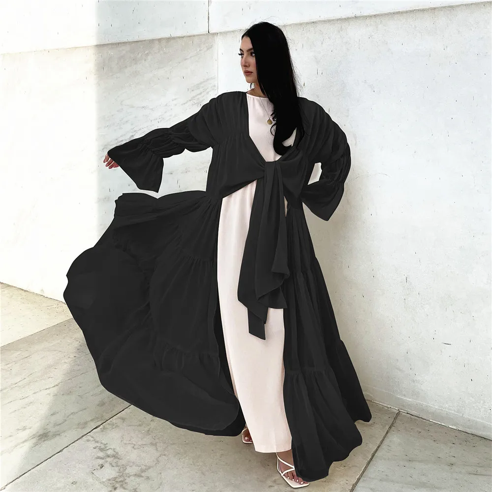 New Design Ruffle Hem Dubai Turkey Fashion Long Sleeve Light Pearl Chiffon Elegant Muslim Woman Open Abaya Kimono Dress