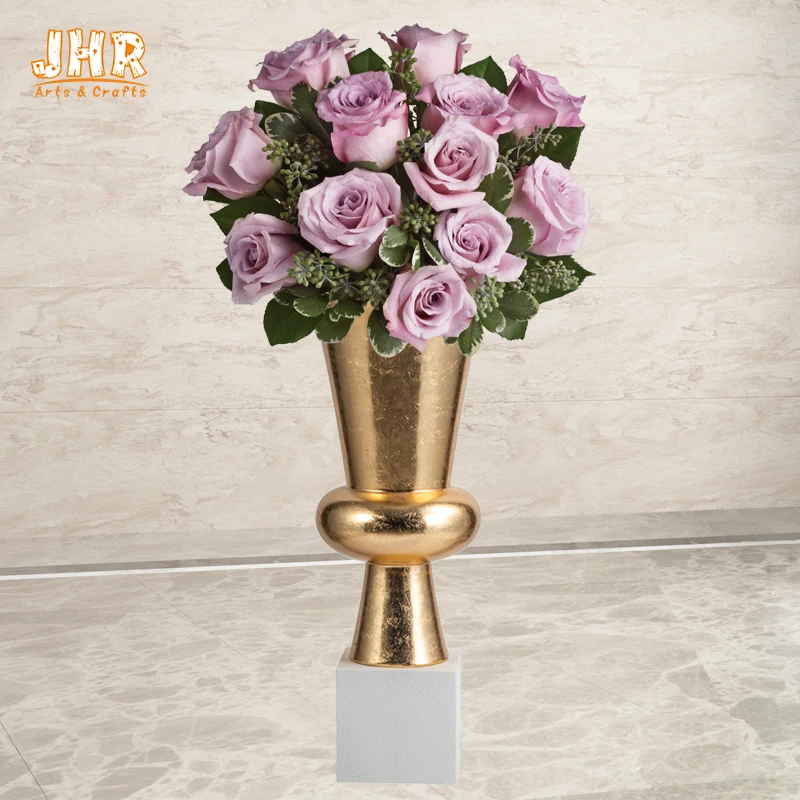 Trumpet Rose Gold Vase Fiberglass Planters With Frosted White Base Silver Planter Pots