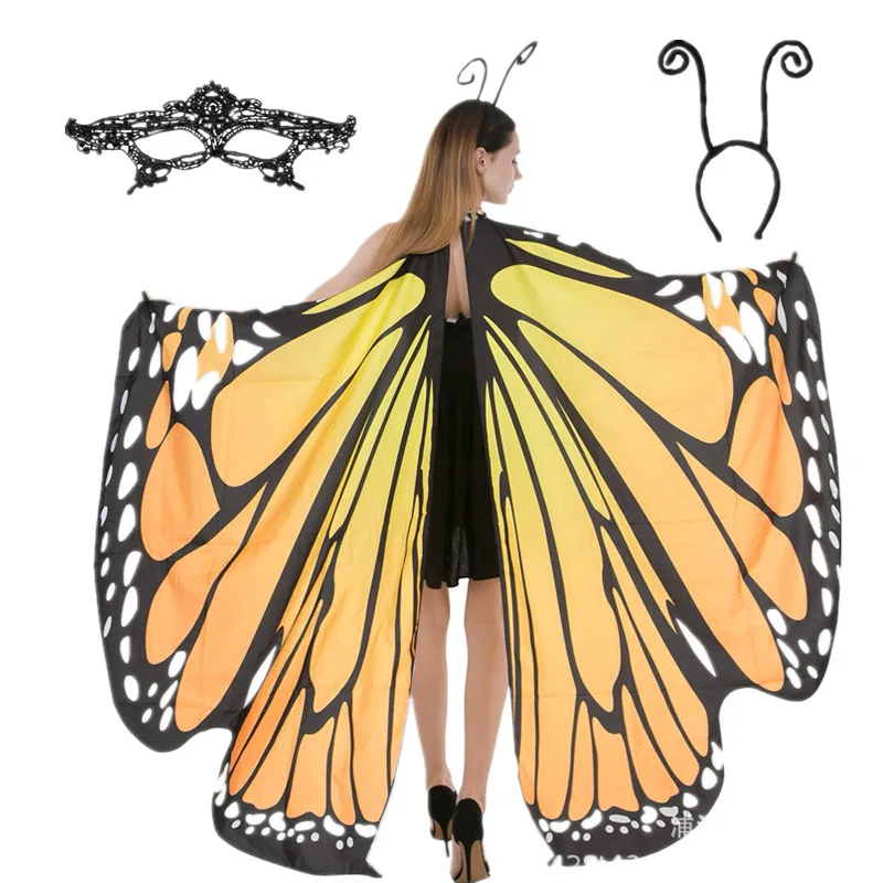 Creations Butterfly Wing Cape Shawl with Lace Mask and Black Velvet Antenna Headband for Halloween Costume Accessory
