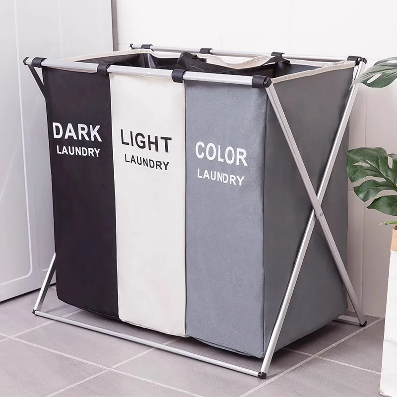 Foldable X Shape Dirty Laundry Basket Organizer 3 Grids Waterproof Cloth Storage Bag With Shelf