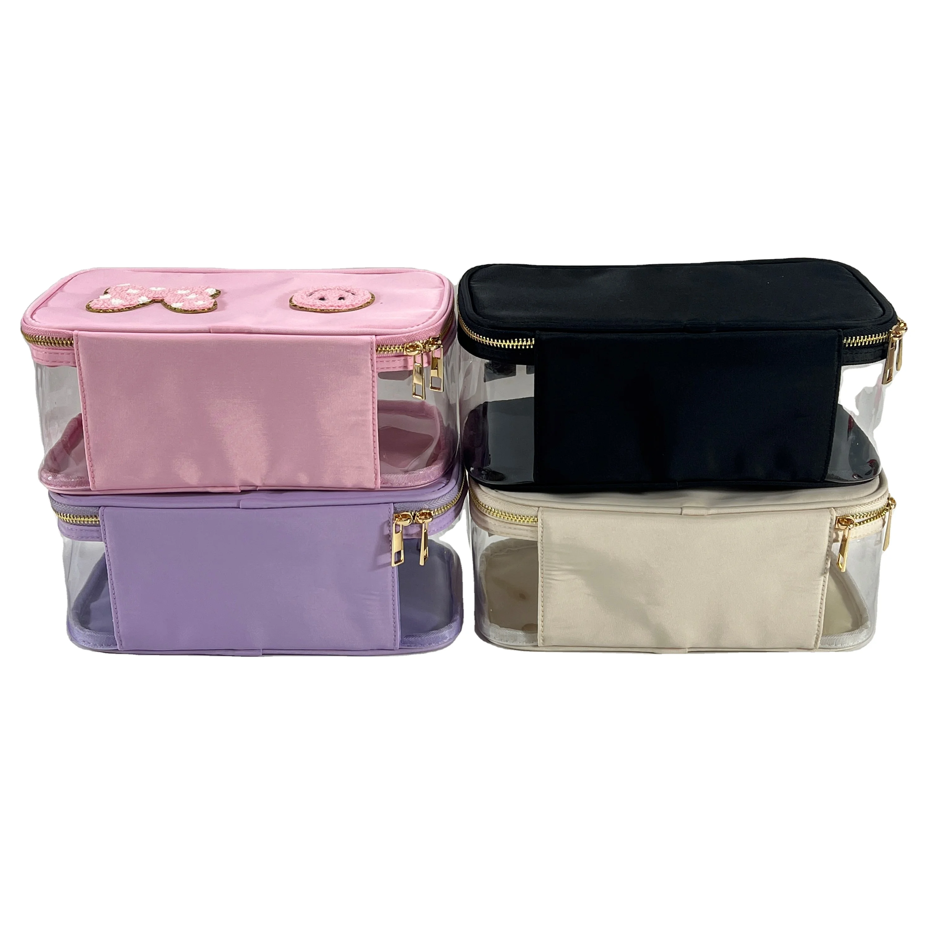 Custom letter patches PVC Travel Nylon Custom Pink Color Clear Make Up Bag Transparent Women Cosmetic Bags