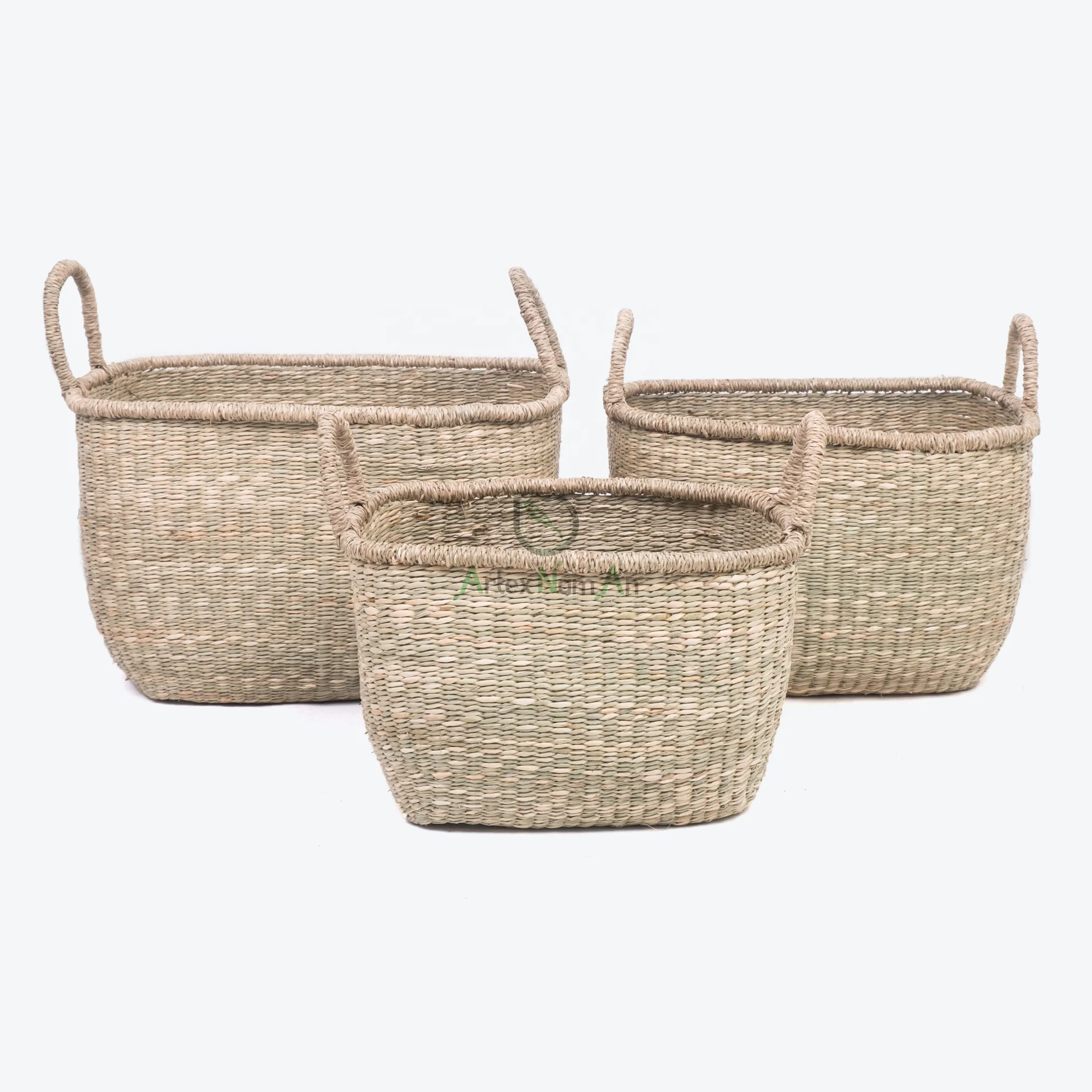 Newest Home Storage Organizer Foldable Laundry Basket Woven Natural Seagrass Baskets Vietnam Supplied Dual Material Plastic PC