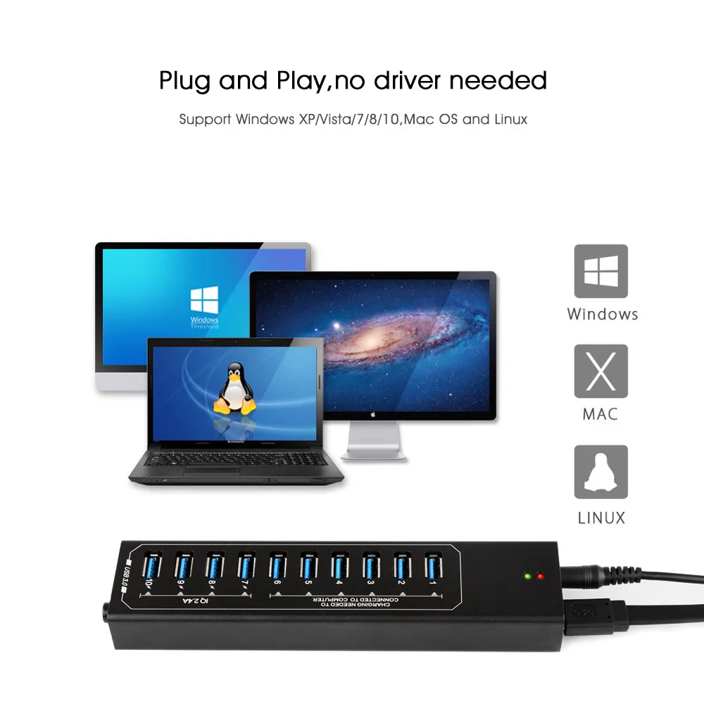 Powered USB 3.0 Hub, 10 Ports USB Hub Splitter