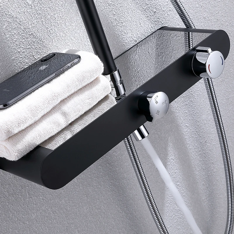 Hot Sale Matte Black Double Button Control Shower Fixtures with Shampoo Holder Shower Mixer Taps Faucets