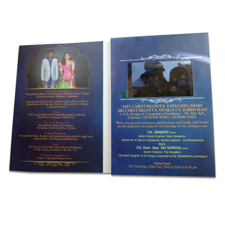 Factory Sales Custom 5inch 7inch Video Wedding Card with LCD for Loved One Wedding Gift Invitation