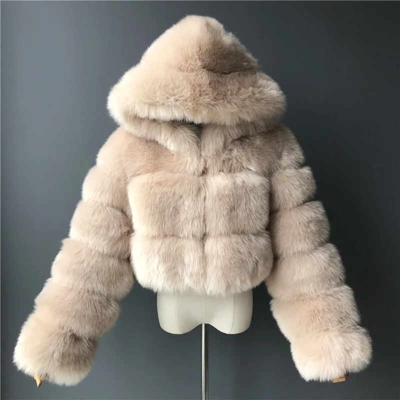 
Thick Warm Wholesale Faux Fox Fur Cropped Coat Short Beige Color Winter Clothing Fake Fur Jacket Hooded Faux Fur Coat Womens 
