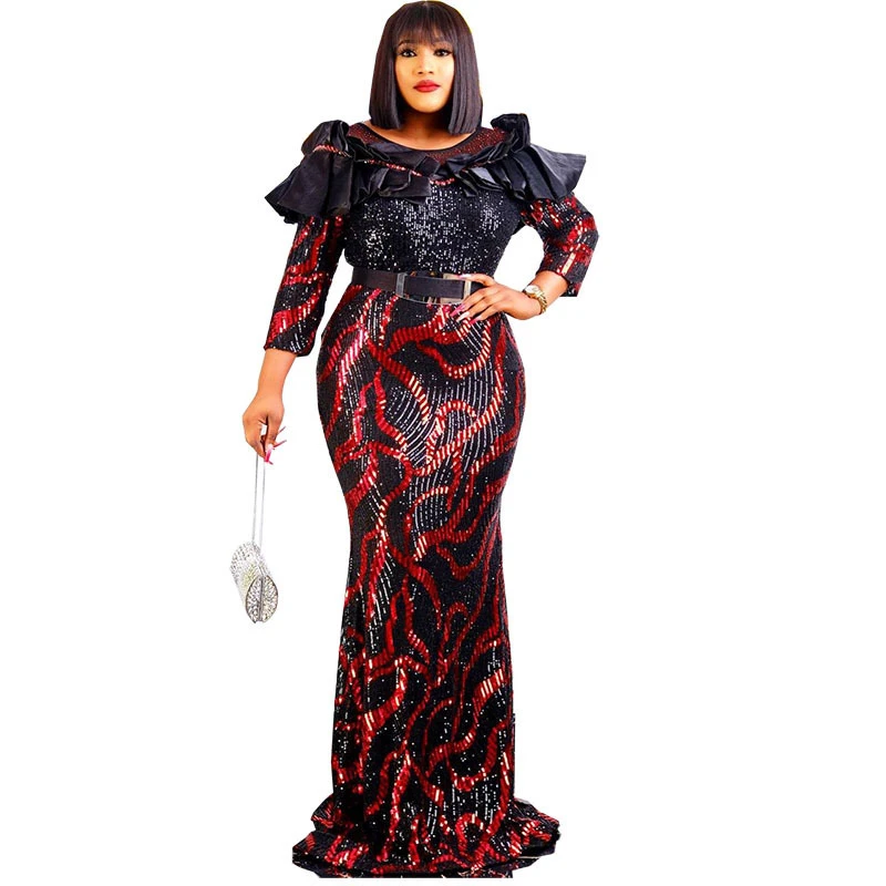 2023 African Fishtail Skirt Dress Sequins Embroidery Party Long Sleeve Dress Costumes Elegant  Maxi Evening Dress