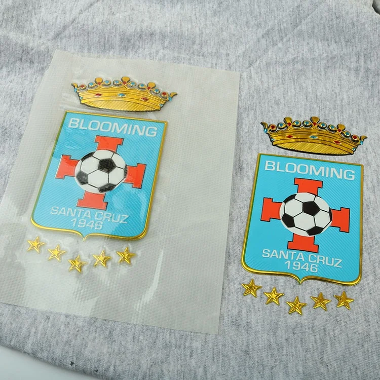 Customized Gold Metallic Clothing Logo Printing Branding Iron on Rubber TPU Embossed Clothes Patches for Sports Wear