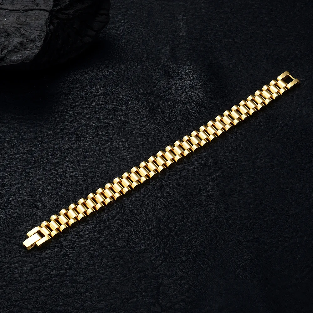 2024 Waterproof No Tarnish 8 10 12 15MM Wide Watchband Women Men 18K Gold Plated Stainless Steel Chain Link Bracelet