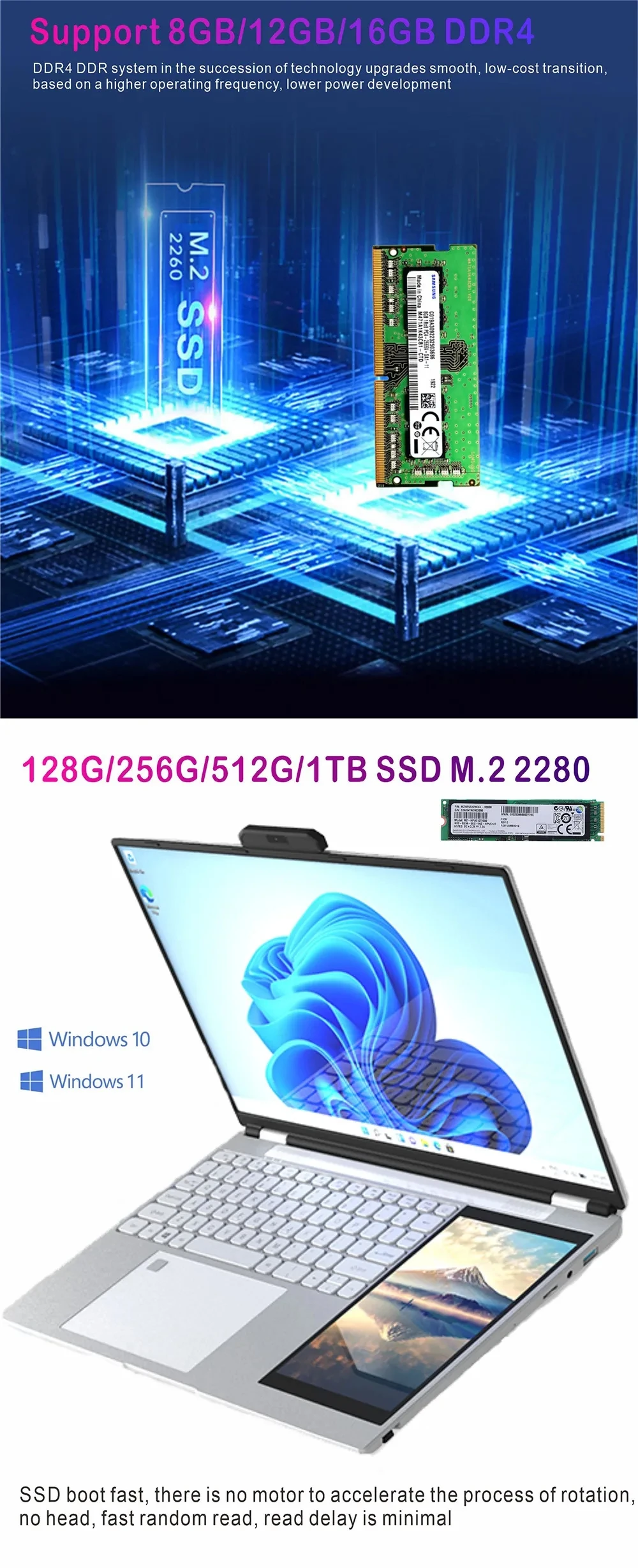 Double Screen Laptop 15.6 Inch+7 Inch Touch Screen Intel Celeron N100 Cheap Gaming Laptops Notebook Computer For Business Laptop