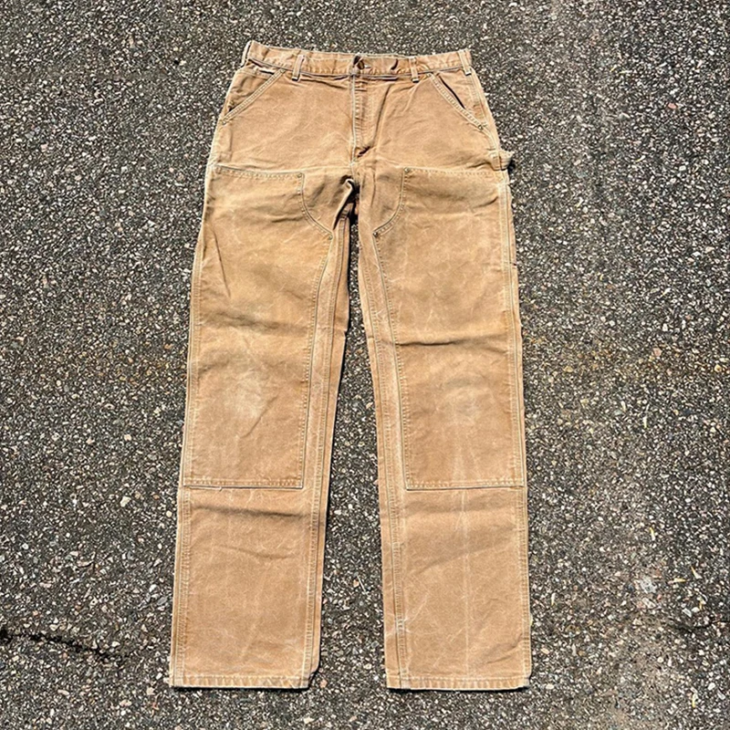 Custom Logo Heavy 14 Oz Distressed Duck Waxed Canvas Carpenter Work Pants Men Double Knee Worker Pants Canvas Workwear