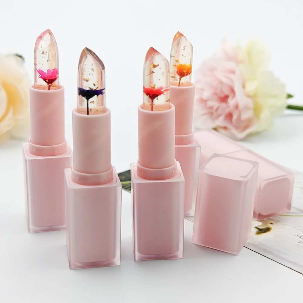 OEM Your Logo Cute Lip Stick with Pink Packaging Tube Luxury Color Changing Lip Balm Clear Crystal Flower Lipstick Lipgloss
